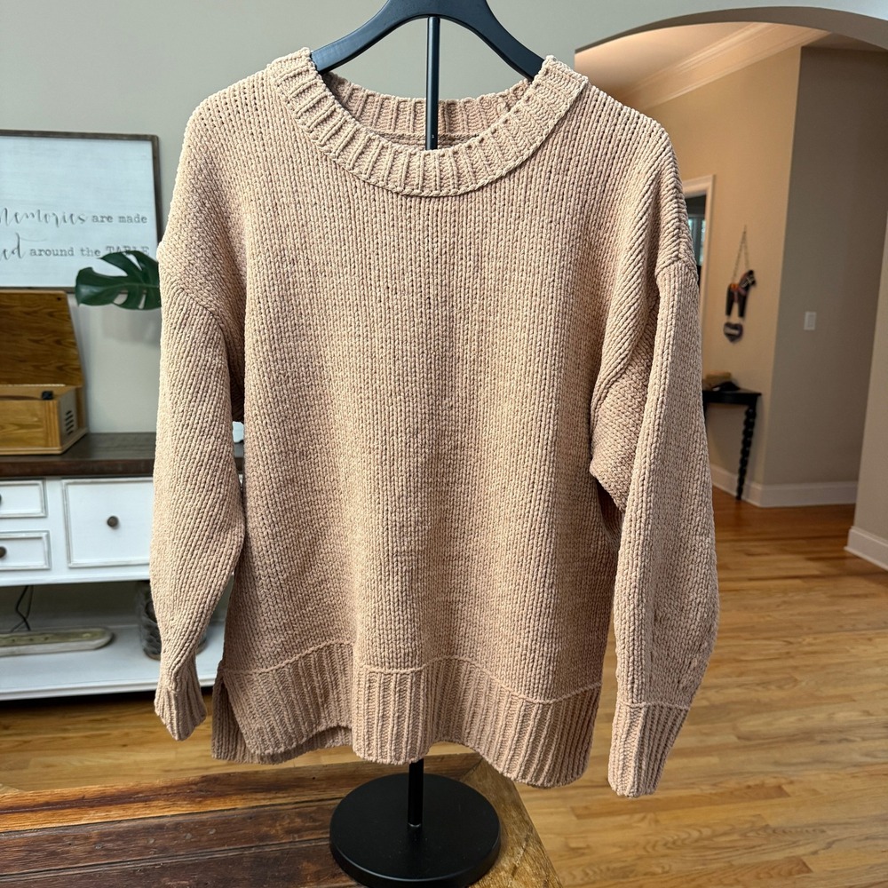 Aerie Chenille Crewneck Sweater Tan Recycled Knit Oversized 4740068302 Small